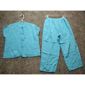 Vintage Shanghai China Silk? Youth Blue Top and Bottom PJ'S Set Sz Large